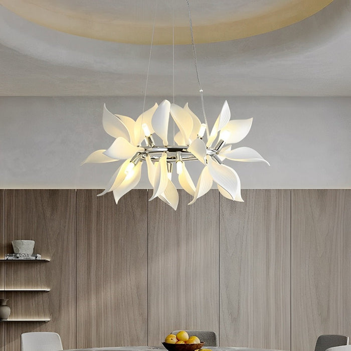 Modern Ceramic Flower Chandelier, Art Petal Pendant Light for Living Room/Dining Room, Adjustable Height, 3 Color Modes