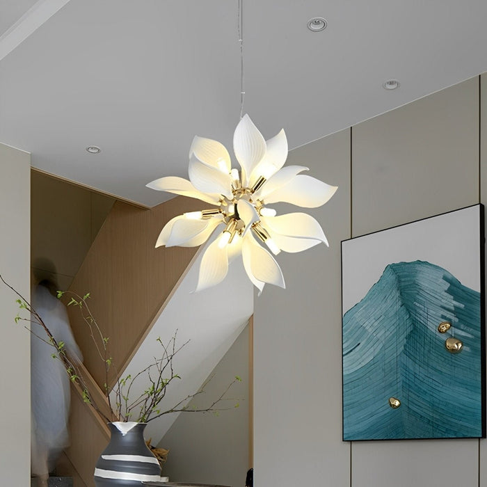Modern Ceramic Flower Chandelier, Art Petal Pendant Light for Living Room/Dining Room, Adjustable Height, 3 Color Modes