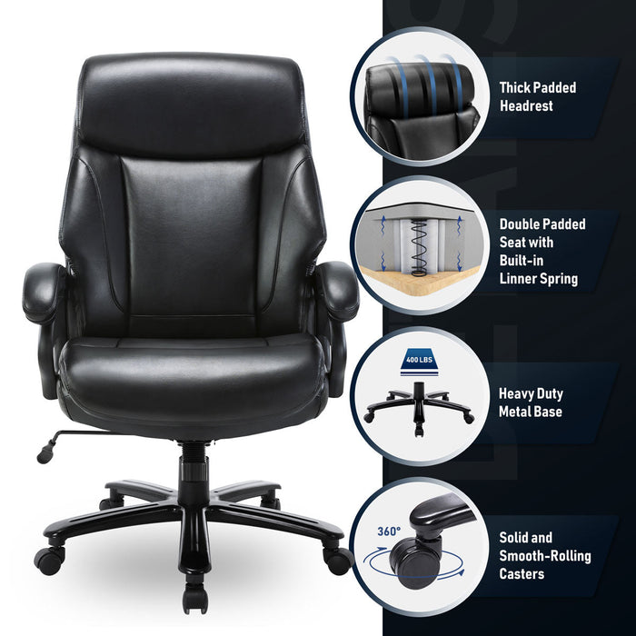 Heavy Duty Office Chair, 400lbs Support, Big Tall Ergonomic Leather Computer Desk Chair, High Back, Wide Seat for Home/Office
