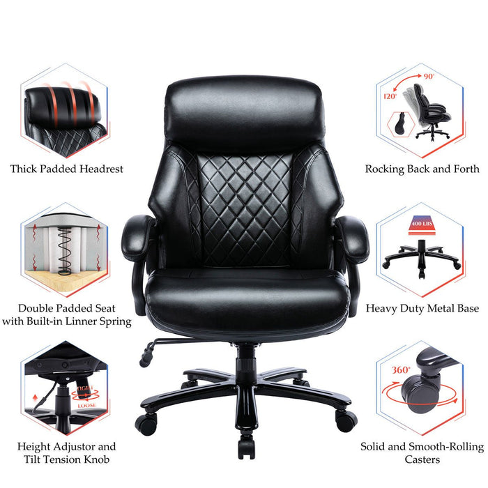 Heavy Duty Office Chair, 400lbs Support, Big Tall Ergonomic Leather Computer Desk Chair, High Back, Wide Seat for Home/Office