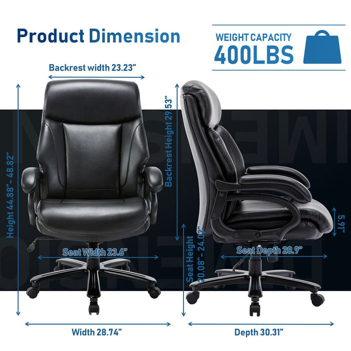 Heavy Duty Office Chair, 400lbs Support, Big Tall Ergonomic Leather Computer Desk Chair, High Back, Wide Seat for Home/Office