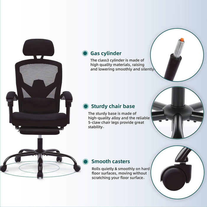 Ergonomic Office Chair, Retractable Footrest, Lumbar Support, Adjustable Headrest, Swivel Desk Chair for Home/Office