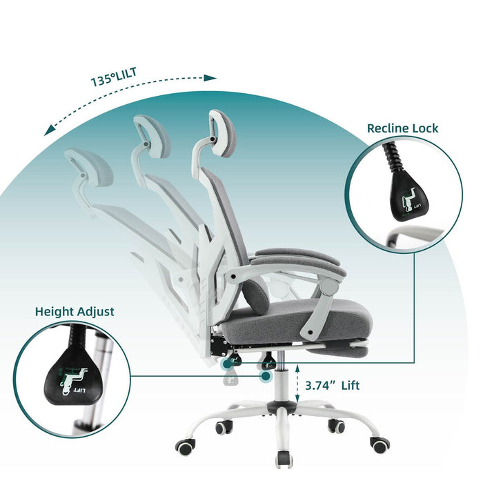 Ergonomic Office Chair, Retractable Footrest, Lumbar Support, Adjustable Headrest, Swivel Desk Chair for Home/Office