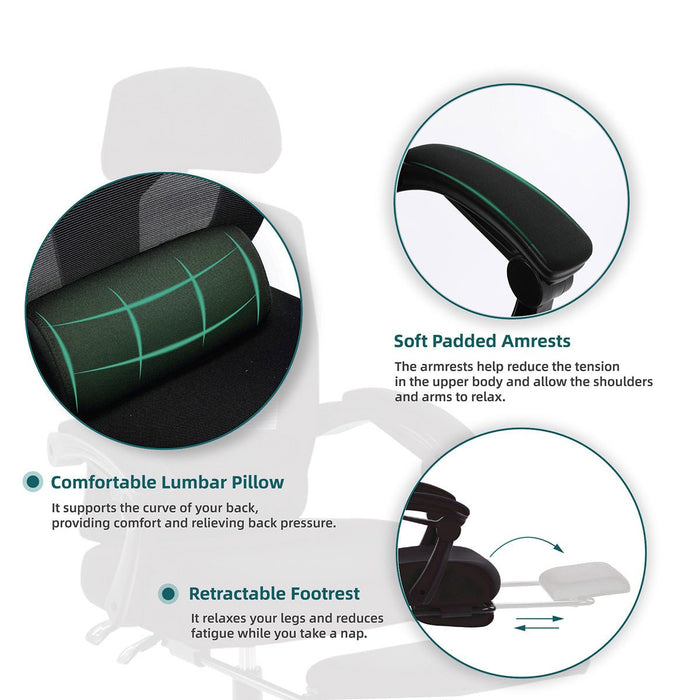 Ergonomic Office Chair, Retractable Footrest, Lumbar Support, Adjustable Headrest, Swivel Desk Chair for Home/Office