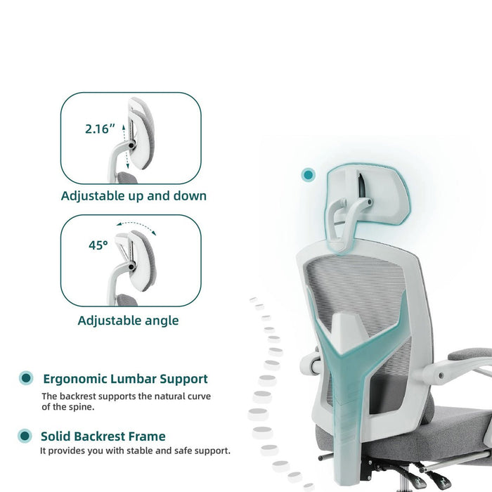 Ergonomic Office Chair, Retractable Footrest, Lumbar Support, Adjustable Headrest, Swivel Desk Chair for Home/Office