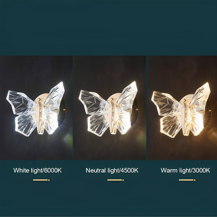 Crystal Butterfly LED Wall Sconce, 3 Color Modes, Stepless Dimming for Bedroom/Living Room