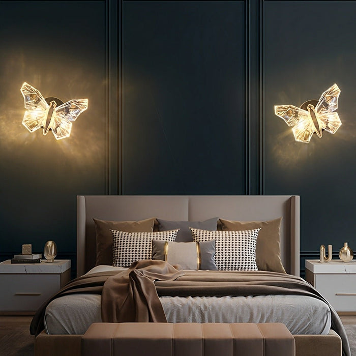 Crystal Butterfly LED Wall Sconce, 3 Color Modes, Stepless Dimming for Bedroom/Living Room