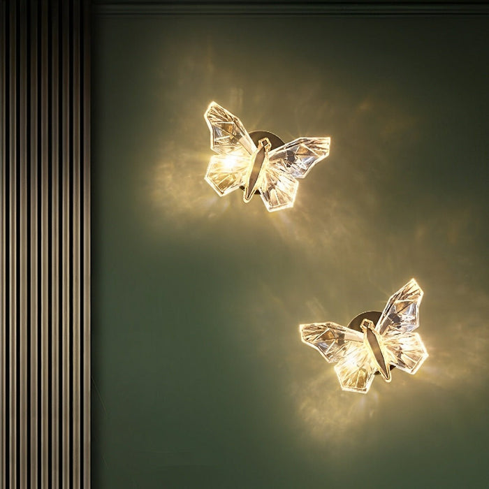 Crystal Butterfly LED Wall Sconce, 3 Color Modes, Stepless Dimming for Bedroom/Living Room