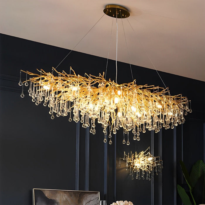 Modern Gold Tree Branch Chandelier, Teardrop Crystal Dimmable LED Light for Dining Room/Living Room/Bar