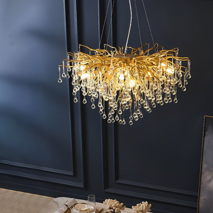 Modern Gold Tree Branch Chandelier, Teardrop Crystal Dimmable LED Light for Dining Room/Living Room/Bar