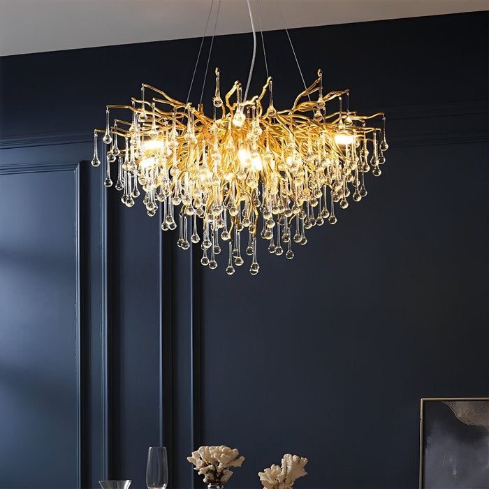 Modern Gold Tree Branch Chandelier, Teardrop Crystal Dimmable LED Light for Dining Room/Living Room/Bar