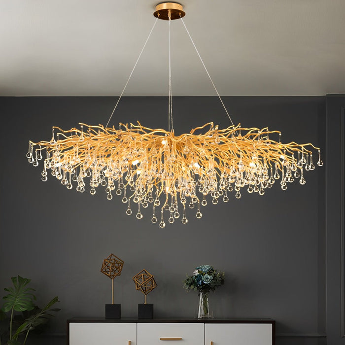 Modern Gold Tree Branch Chandelier, Teardrop Crystal Dimmable LED Light for Dining Room/Living Room/Bar