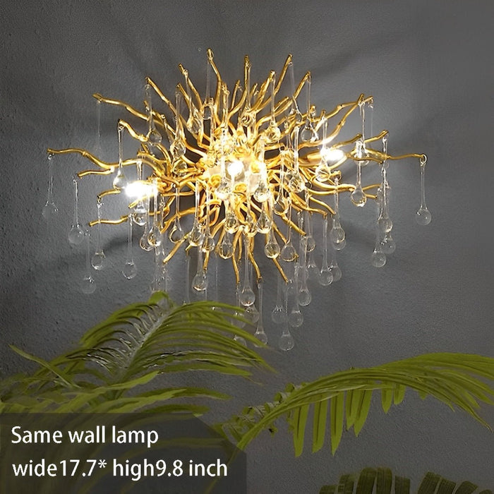 Modern Gold Tree Branch Chandelier, Teardrop Crystal Dimmable LED Light for Dining Room/Living Room/Bar