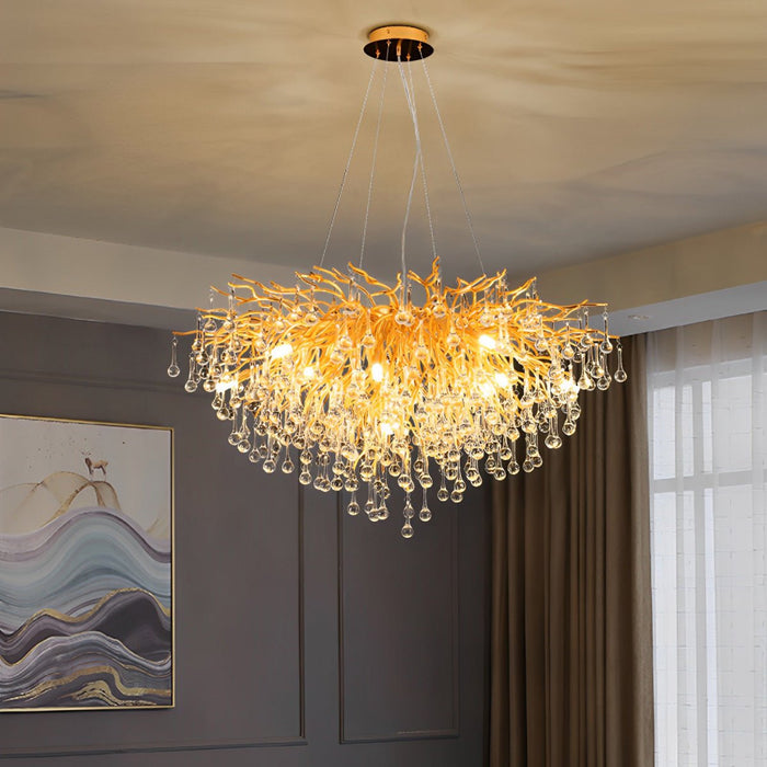 Modern Gold Tree Branch Chandelier, Teardrop Crystal Dimmable LED Light for Dining Room/Living Room/Bar
