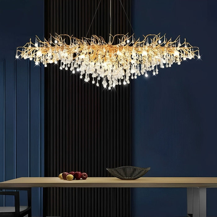 Modern Gold Tree Branch Chandelier, Teardrop Crystal Dimmable LED Light for Dining Room/Living Room/Bar