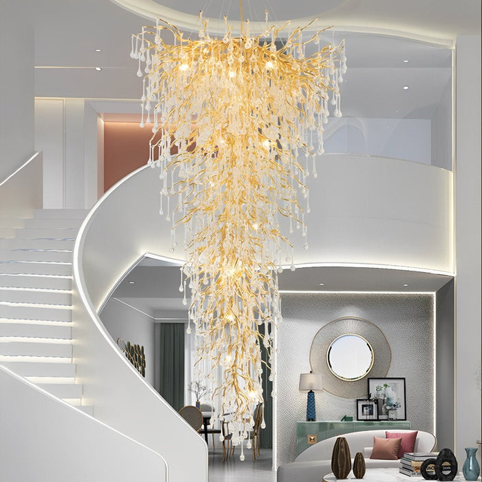 Modern Gold Tree Branch Chandelier, Teardrop Crystal Dimmable LED Light for Dining Room/Living Room/Bar