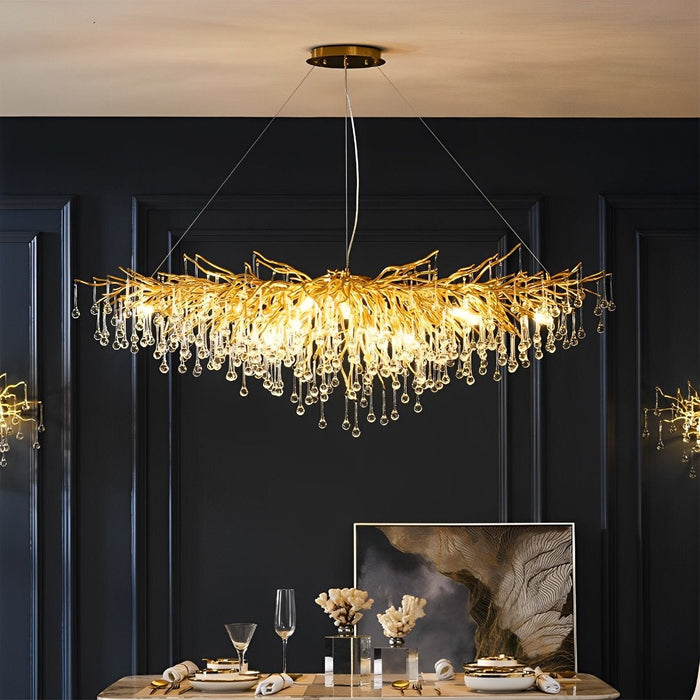 Modern Gold Tree Branch Chandelier, Teardrop Crystal Dimmable LED Light for Dining Room/Living Room/Bar