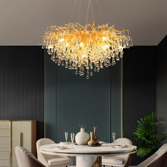 Modern Gold Tree Branch Chandelier, Teardrop Crystal Dimmable LED Light for Dining Room/Living Room/Bar