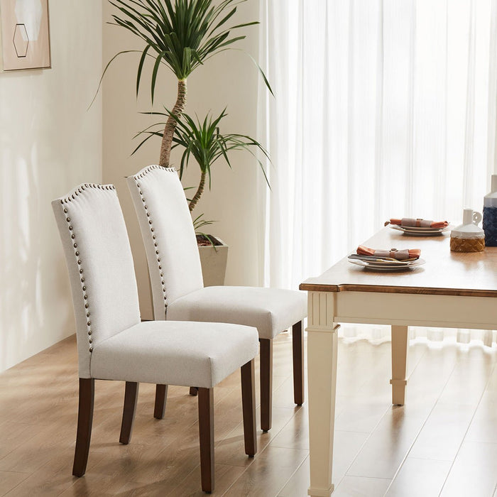 Armless Dining Chairs - Upholstered Fabric / Nailhead Trim - Modern Wood Legs for Dining Room