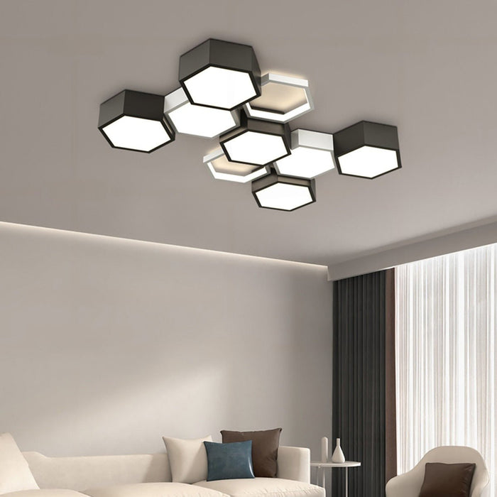 Indoor Ceiling Light - Modern Minimalist Geometric Hexagon LED - Semi-Flush Mount Fixture, Dimmable