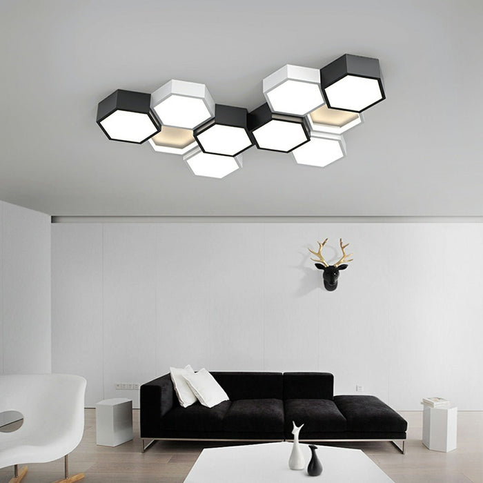 Indoor Ceiling Light - Modern Minimalist Geometric Hexagon LED - Semi-Flush Mount Fixture, Dimmable