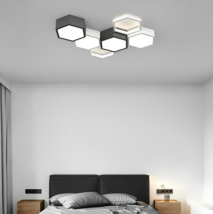Indoor Ceiling Light - Modern Minimalist Geometric Hexagon LED - Semi-Flush Mount Fixture, Dimmable