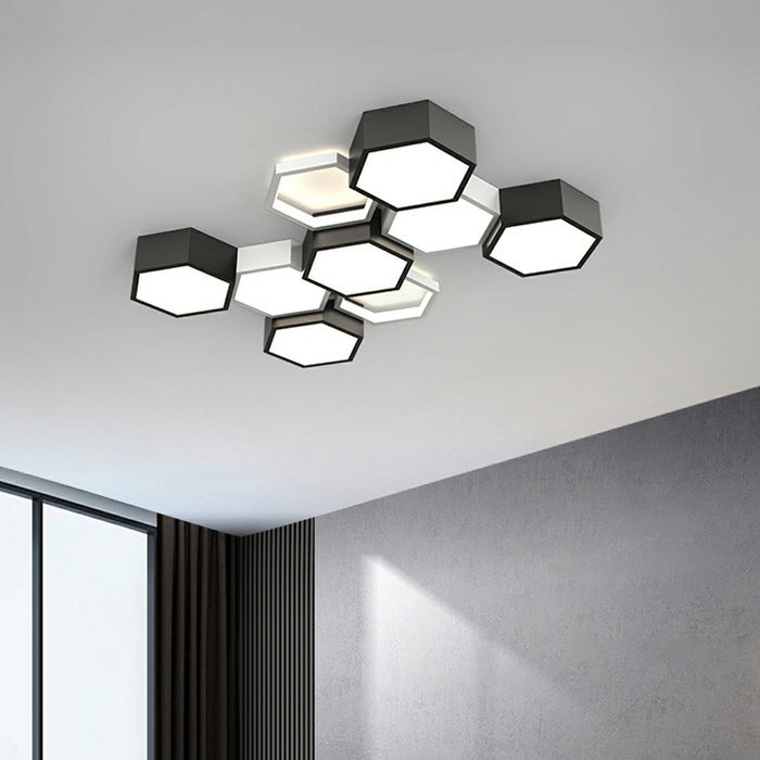 Indoor Ceiling Light - Modern Minimalist Geometric Hexagon LED - Semi-Flush Mount Fixture, Dimmable