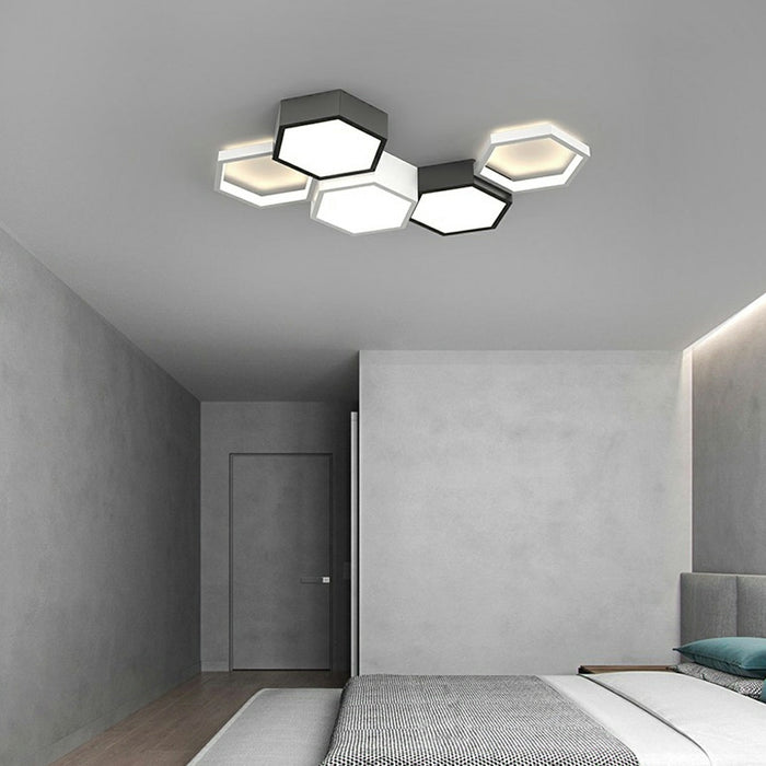 Indoor Ceiling Light - Modern Minimalist Geometric Hexagon LED - Semi-Flush Mount Fixture, Dimmable