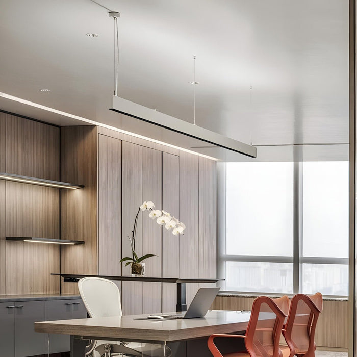 Modern Minimalist Grille LED Long Strip Pendant Lights - Up/Down Linear Fixture, Aluminum - Contemporary Office Dining Room Lighting