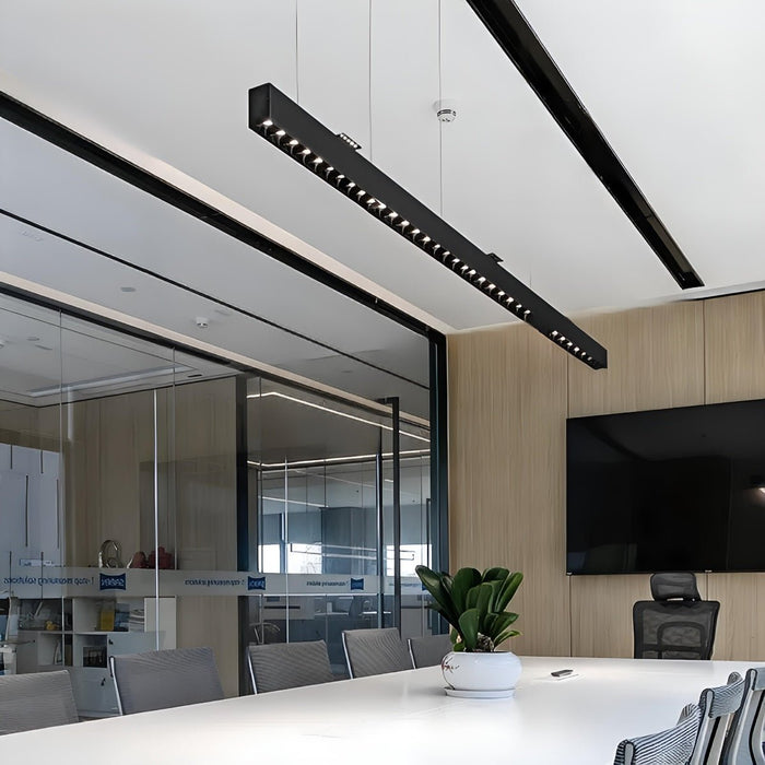 Modern Minimalist Grille LED Long Strip Pendant Lights - Up/Down Linear Fixture, Aluminum - Contemporary Office Dining Room Lighting