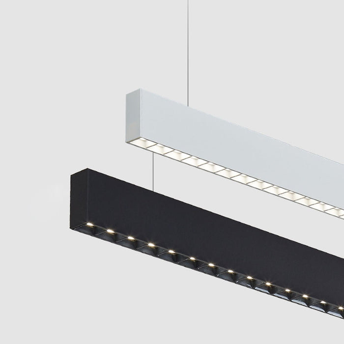 Modern Minimalist Grille LED Long Strip Pendant Lights - Up/Down Linear Fixture, Aluminum - Contemporary Office Dining Room Lighting