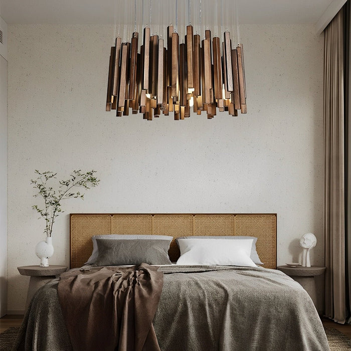 Modern Minimalist Wood Stick Chandelier, LED Warm White Light, Dining Room/Living Room/Bar