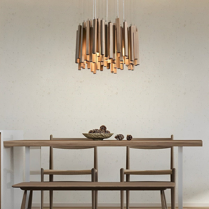 Modern Minimalist Wood Stick Chandelier, LED Warm White Light, Dining Room/Living Room/Bar
