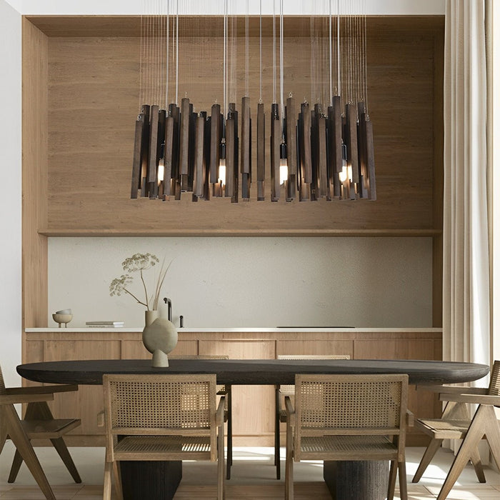 Modern Minimalist Wood Stick Chandelier, LED Warm White Light, Dining Room/Living Room/Bar