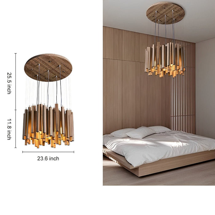 Modern Minimalist Wood Stick Chandelier, LED Warm White Light, Dining Room/Living Room/Bar