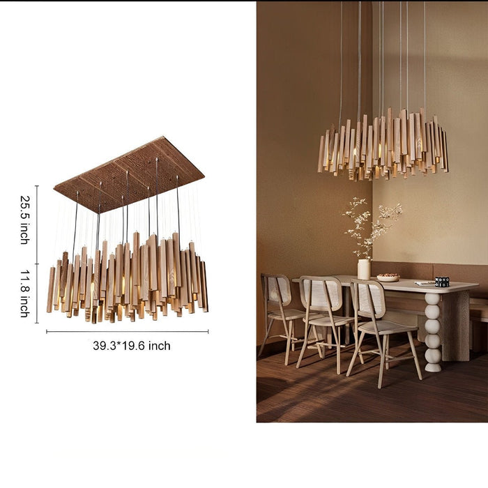 Modern Minimalist Wood Stick Chandelier, LED Warm White Light, Dining Room/Living Room/Bar