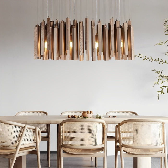 Modern Minimalist Wood Stick Chandelier, LED Warm White Light, Dining Room/Living Room/Bar