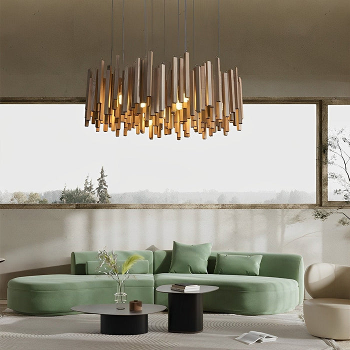Modern Minimalist Wood Stick Chandelier, LED Warm White Light, Dining Room/Living Room/Bar