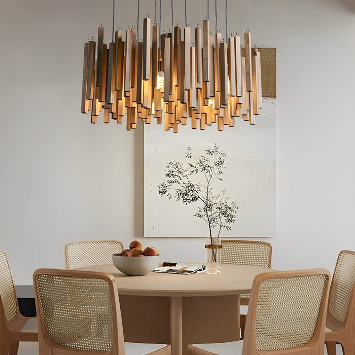 Modern Minimalist Wood Stick Chandelier, LED Warm White Light, Dining Room/Living Room/Bar