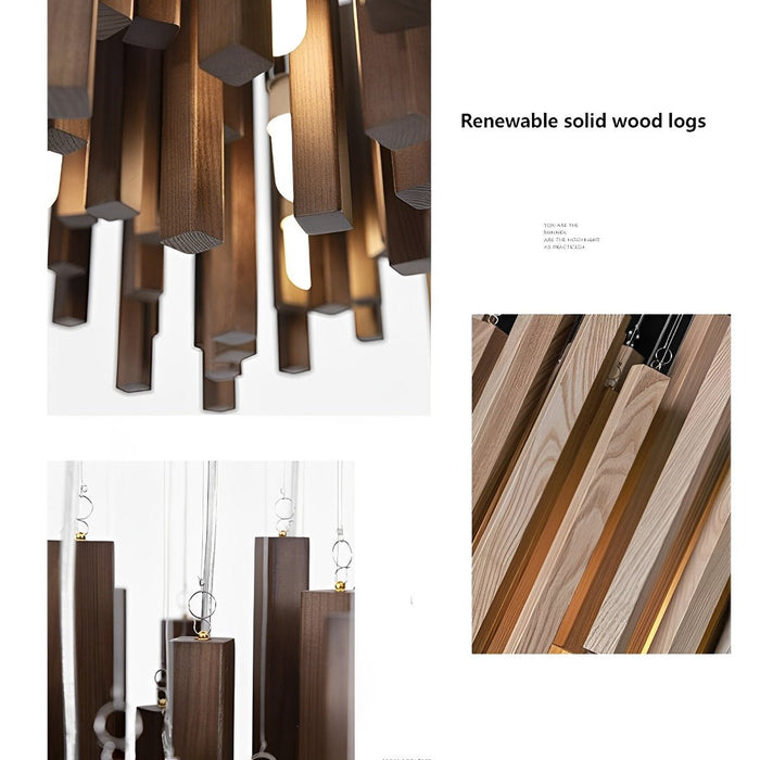 Modern Minimalist Wood Stick Chandelier, LED Warm White Light, Dining Room/Living Room/Bar