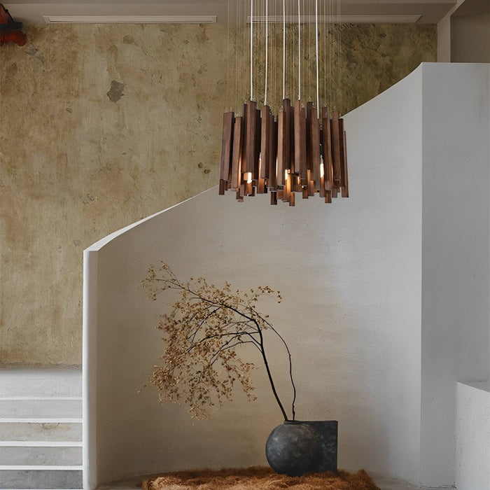 Modern Minimalist Wood Stick Chandelier, LED Warm White Light, Dining Room/Living Room/Bar
