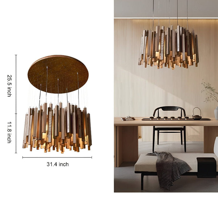 Modern Minimalist Wood Stick Chandelier, LED Warm White Light, Dining Room/Living Room/Bar