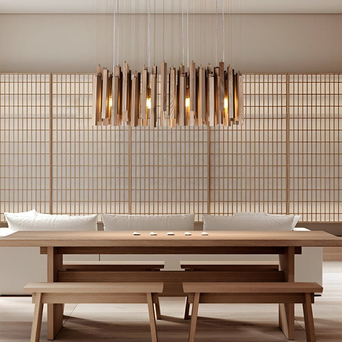 Modern Minimalist Wood Stick Chandelier, LED Warm White Light, Dining Room/Living Room/Bar