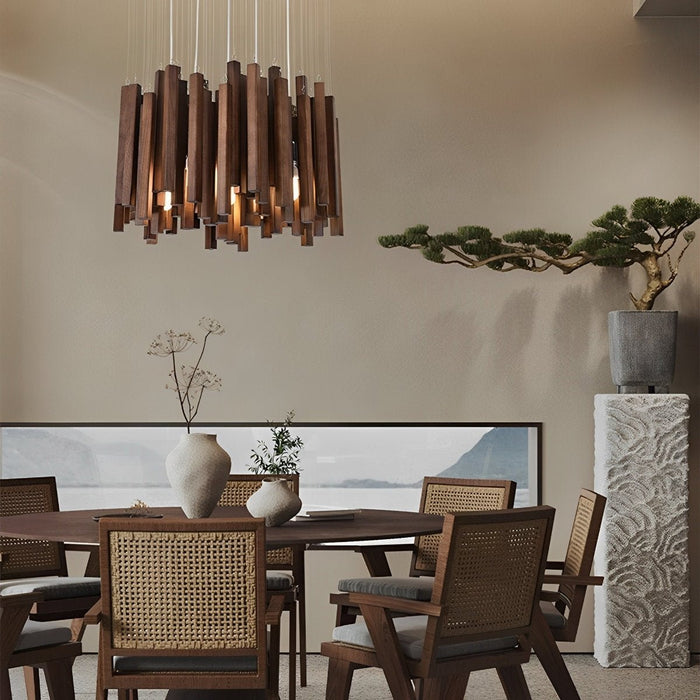 Modern Minimalist Wood Stick Chandelier, LED Warm White Light, Dining Room/Living Room/Bar
