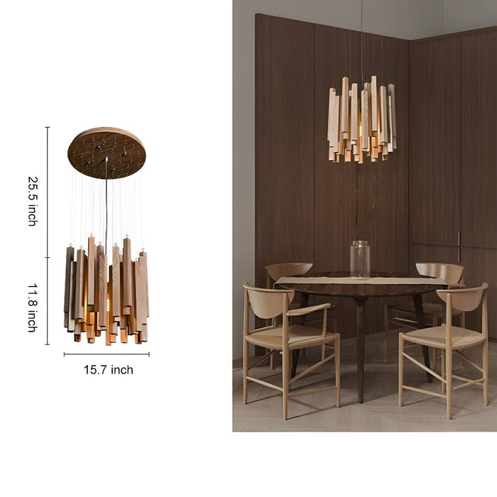 Modern Minimalist Wood Stick Chandelier, LED Warm White Light, Dining Room/Living Room/Bar