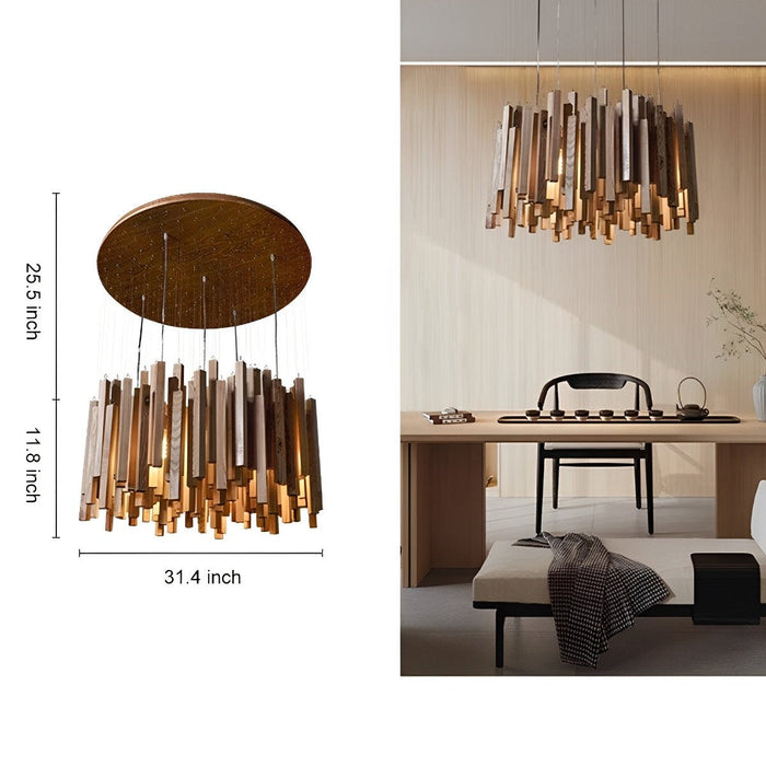 Modern Minimalist Wood Stick Chandelier, LED Warm White Light, Dining Room/Living Room/Bar