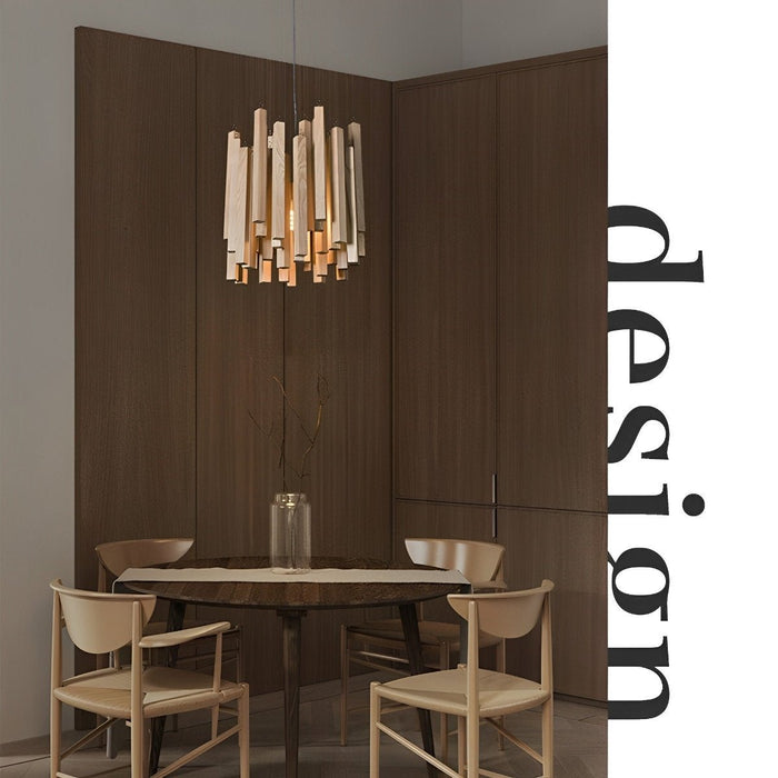 Modern Minimalist Wood Stick Chandelier, LED Warm White Light, Dining Room/Living Room/Bar