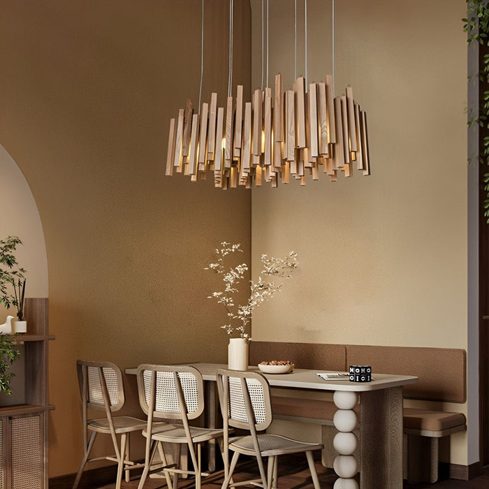 Modern Minimalist Wood Stick Chandelier, LED Warm White Light, Dining Room/Living Room/Bar