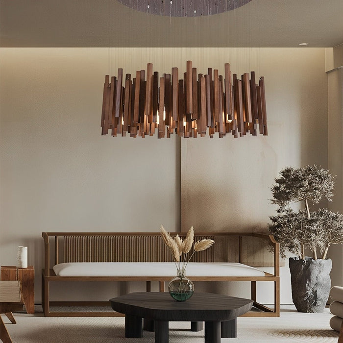 Modern Minimalist Wood Stick Chandelier, LED Warm White Light, Dining Room/Living Room/Bar