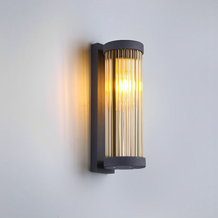 Solar, Dusk to Dawn Waterproof Cylinder LED Wall Sconce, Striped Glass Outdoor Light for Porch/Patio/Yard